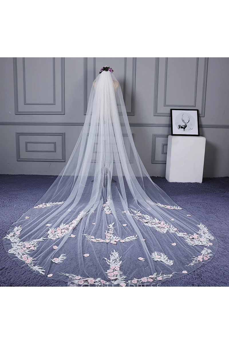 Ethereal Cathedral Wedding Veil with Flower Appliques