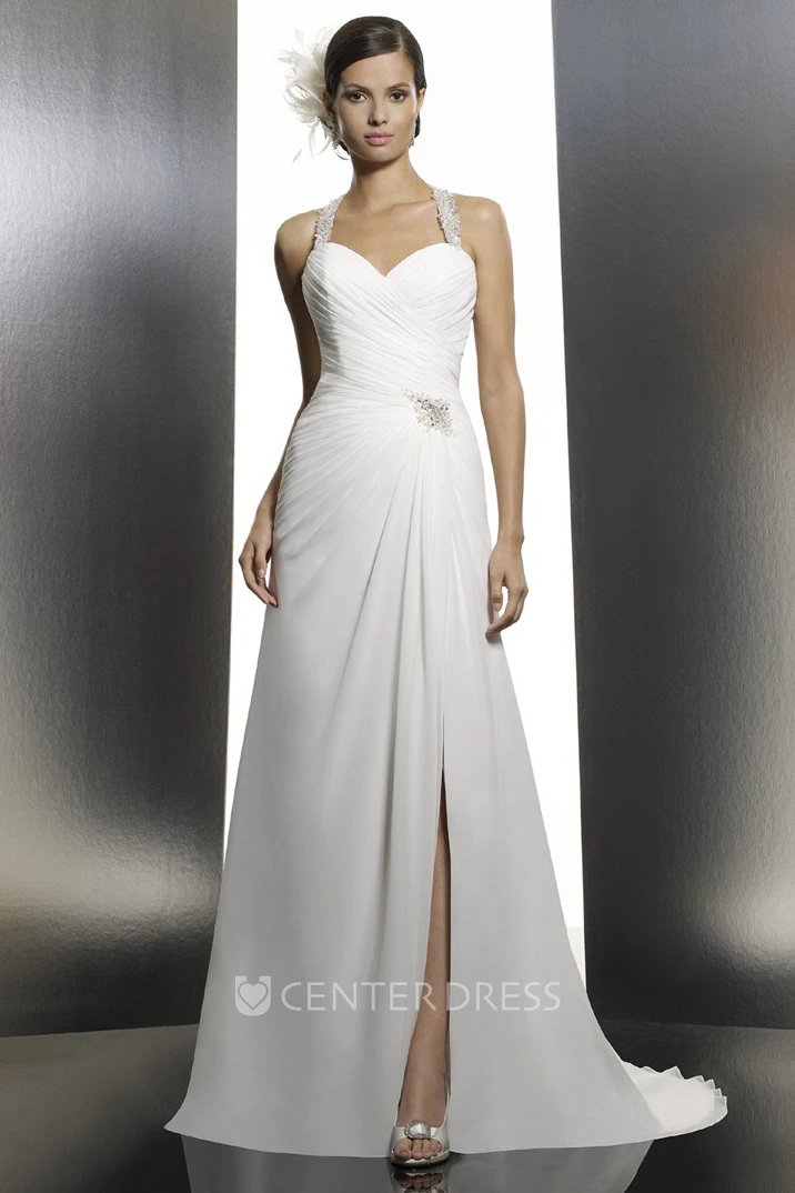 A-Line Halter Floor-Length Sleeveless Ruched Chiffon Wedding Dress With Split Front