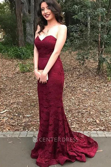 Sleeveless Sweep Brush Train Mermaid Trumpet V-neck Lace Dress