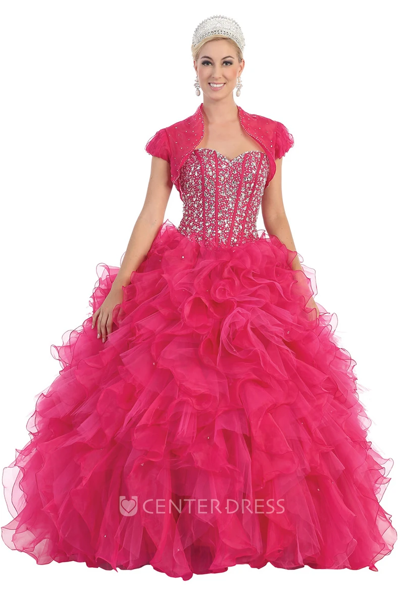 Ball Gown Sweetheart Organza Lace-Up Dress With Beading And Cascading Ruffles