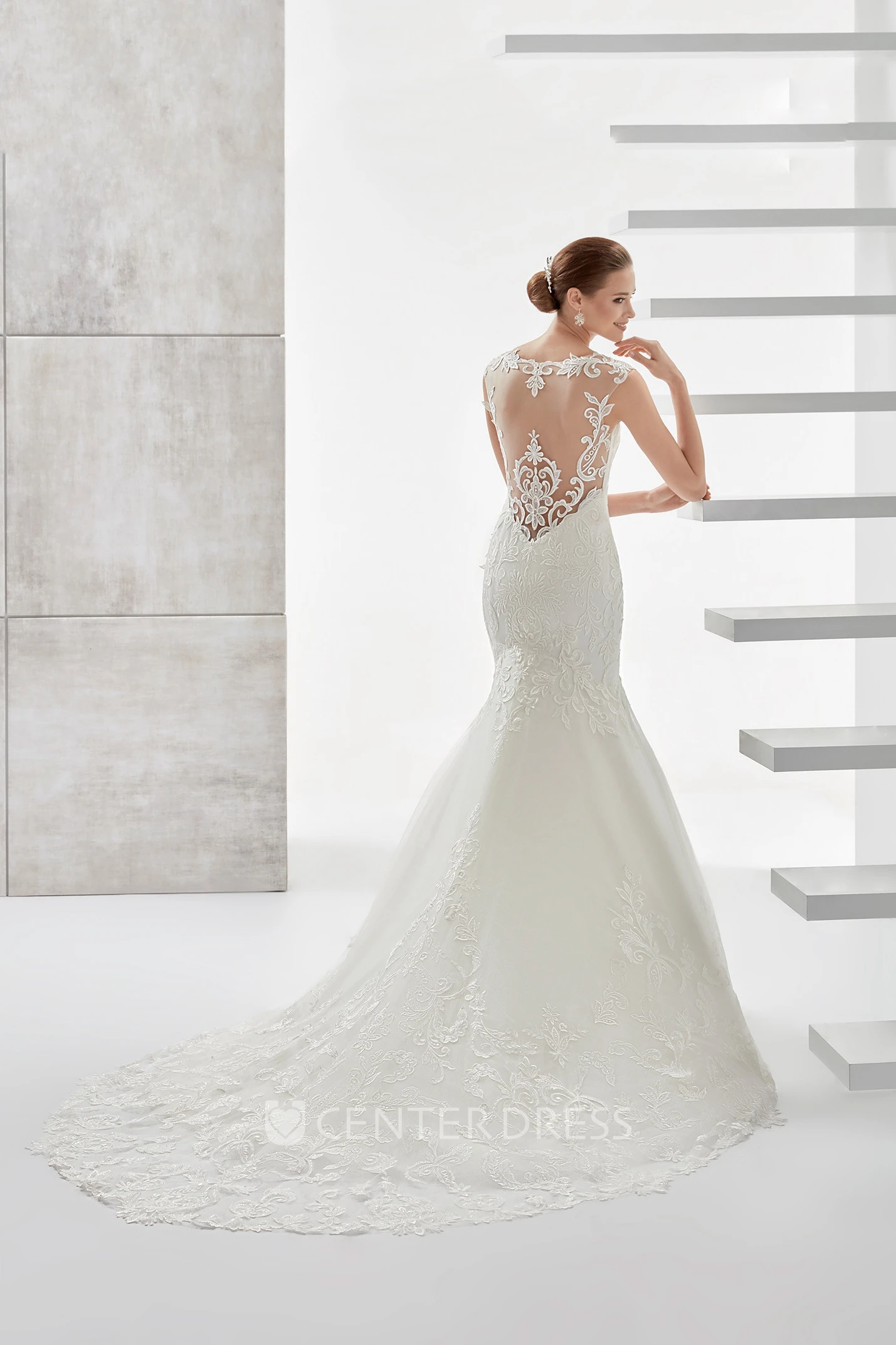 Jewel-Neck Sheath Lace Mermaid Wedding Dress With Illusive Design And Brush Train