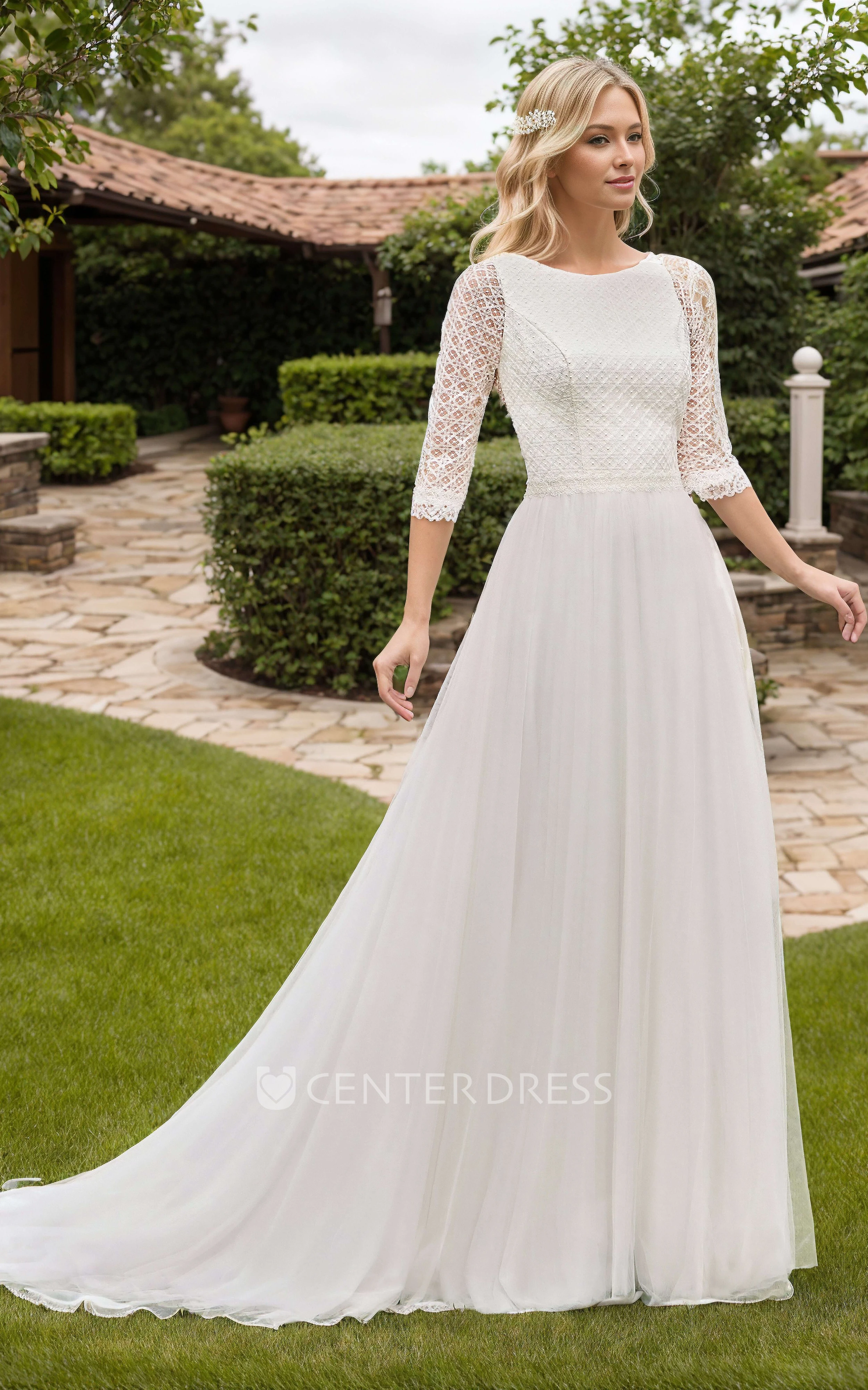 Elegant Floral Boho A-Line Lace Bateau Neckline Wedding Dress Modest Flowy Half Sleeve Button Back Tulle Bridal Gown with Train