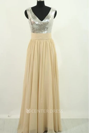 Sleeveless Floor-length A-Line V-neck Chiffon Sequins Dress
