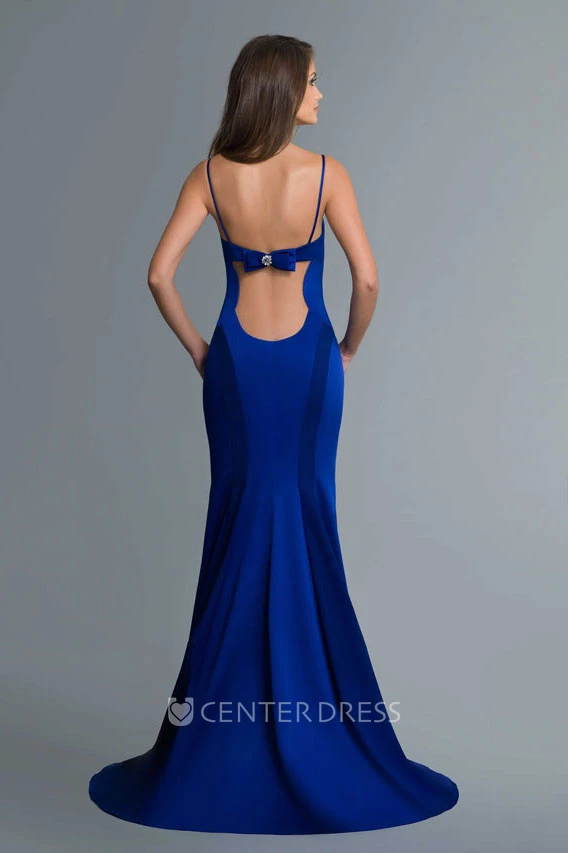 Sheath Spaghetti Sleeveless Jersey Backless Dress With Beading And Bow