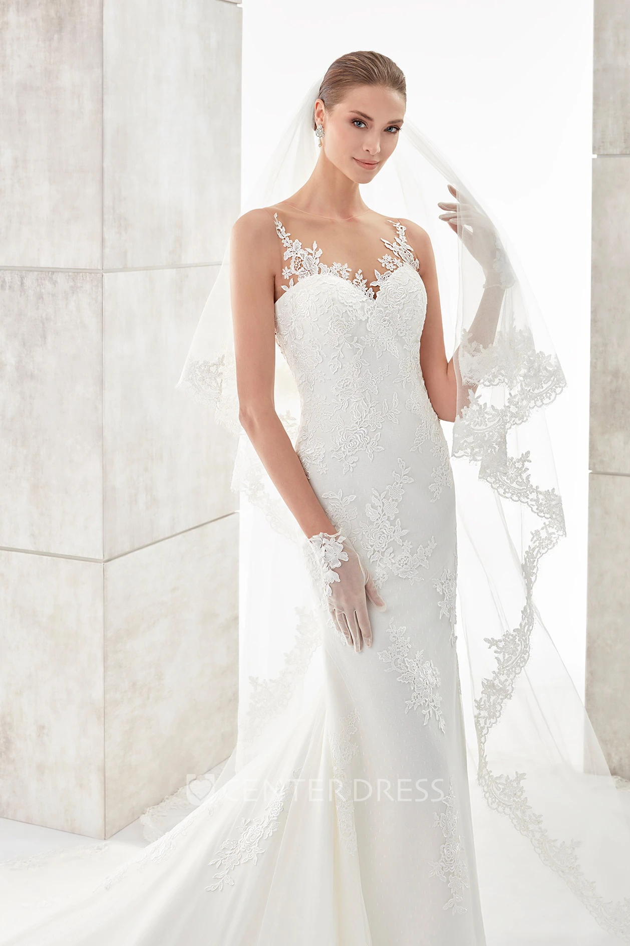 Sweetheart Sheath Lace Appliqued Wedding Dress with Illusive Floral Back and Court Train