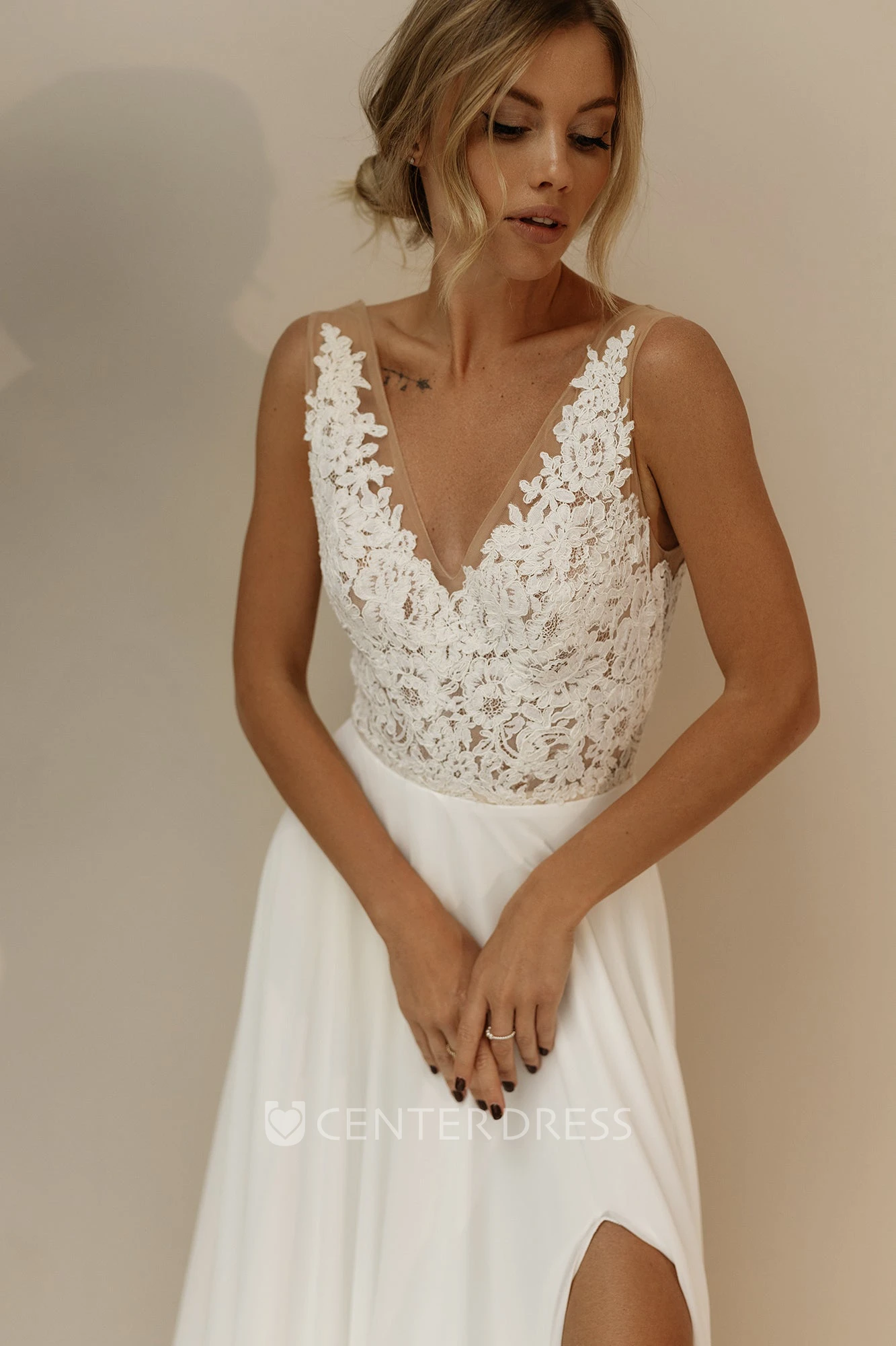 Lace Bohemian A-Line V-neck Garden Spring Wedding Dress With Low-V Back And Split Front