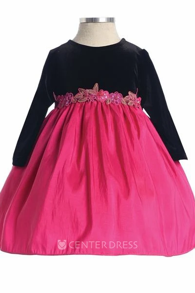 Tea-Length Bowed Floral Taffeta Flower Girl Dress