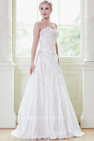 A-Line Sweetheart Beaded Taffeta Wedding Dress With Ruching And Lace Up