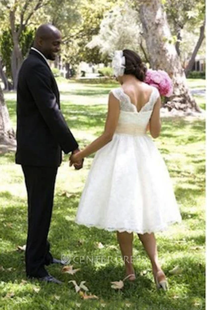 A Line V-neck Lace Zipper Low-V Back Wedding Gown