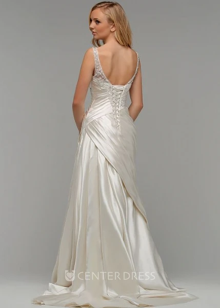 Floor-Length V-Neck Ruched Satin Wedding Dress With Brush Train And Lace Up