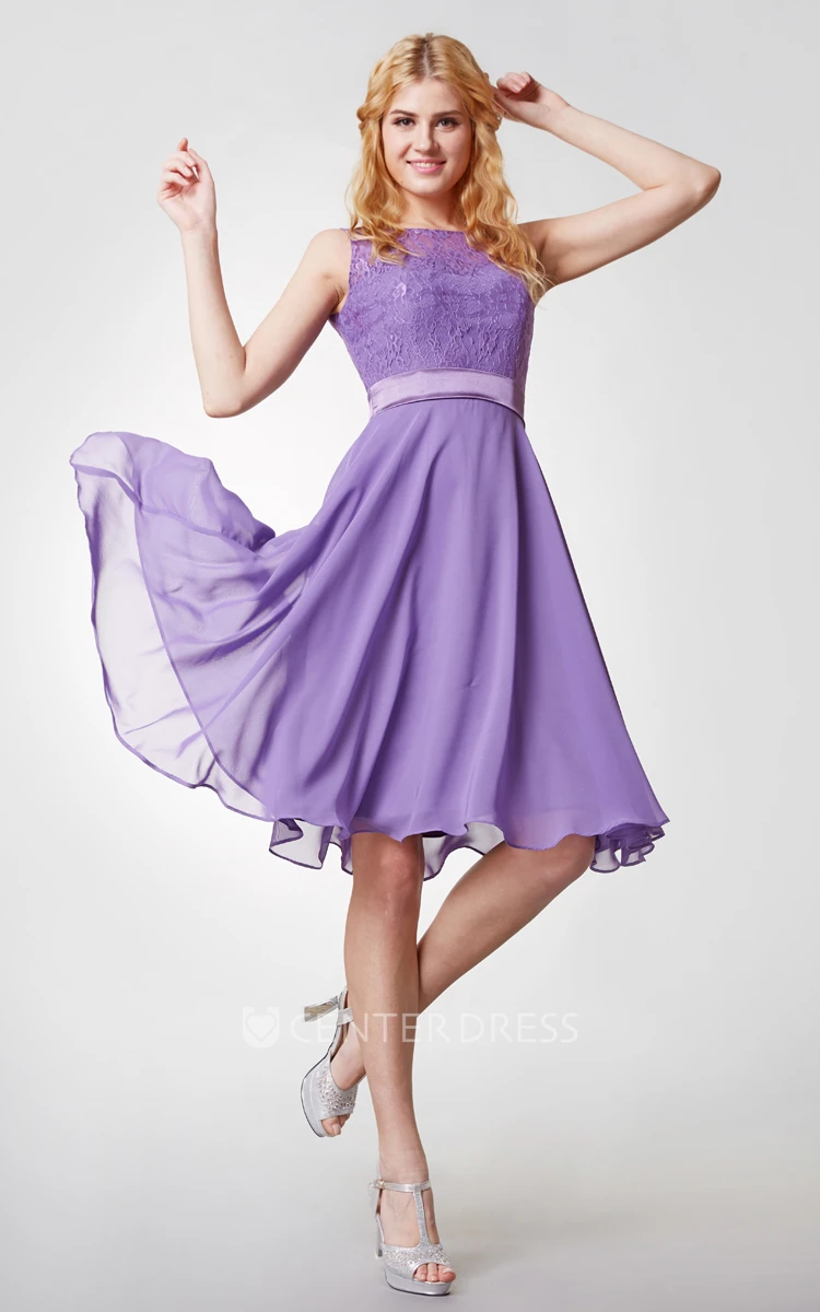 Sleeveless Bateau Neck Knee Length Chiffon Dress With Lace Bodice