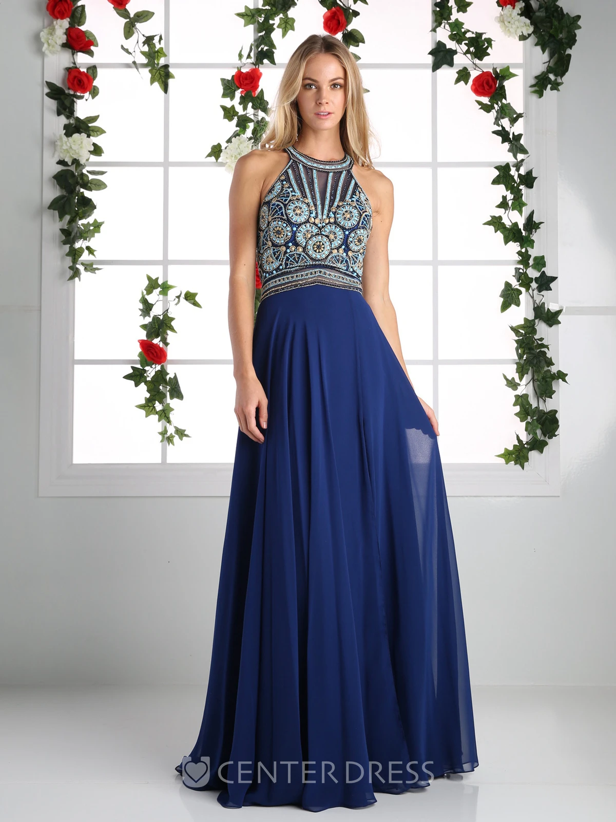 A-Line Long Scoop-Neck Sleeveless Chiffon Straps Dress With Beading And Pleats