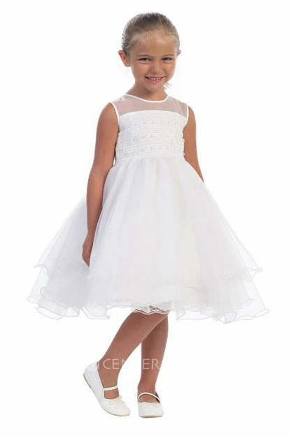 Midi Illusion Beaded Organza Flower Girl Dress With Embroidery