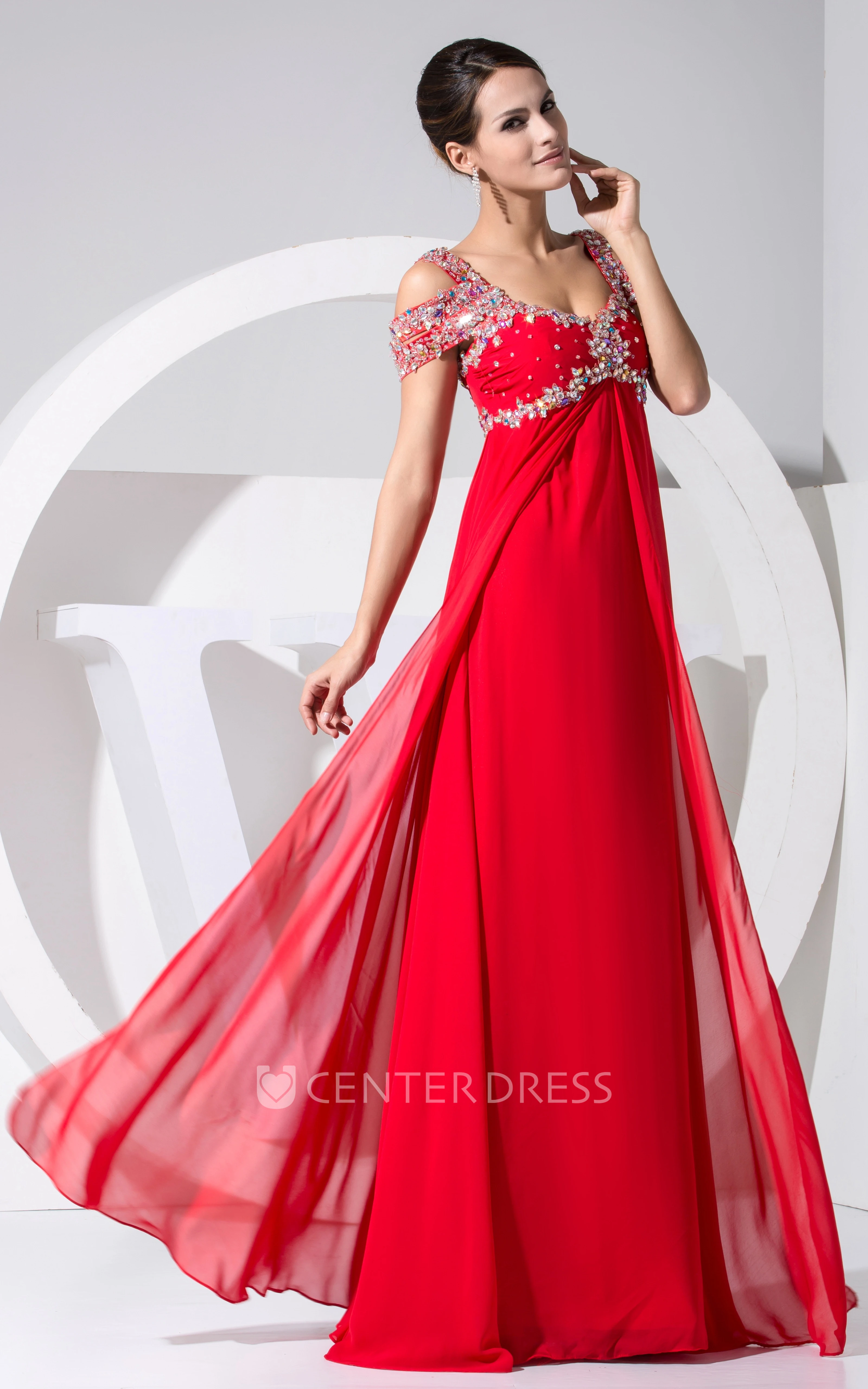 Off Shoulder Empire Chiffon Long Formal Dress With Beading
