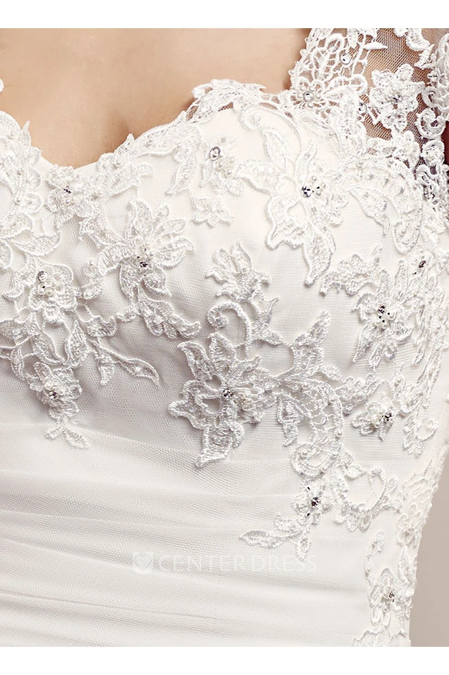 A-Line Side-Draped Long Cap-Sleeve Lace Wedding Dress With Keyhole Back And Appliques