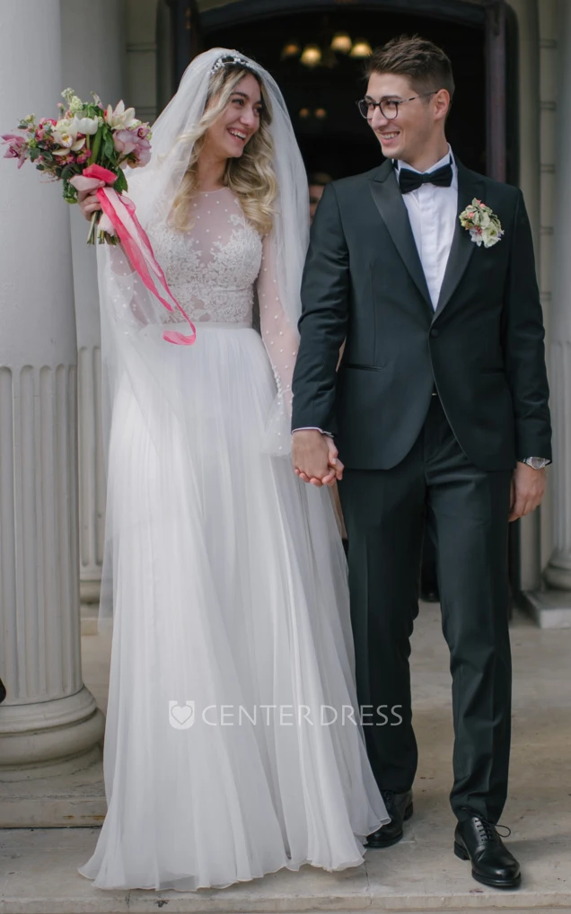 Casual Bateau Neckline A-Line Chiffon Wedding Dress With Illusion Back And Appliques
