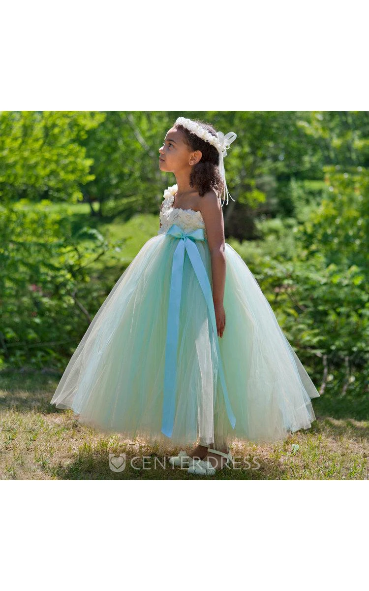 Princess A-Line One Shoulder Ankle Length 3D Floral Flower Girl Dress
