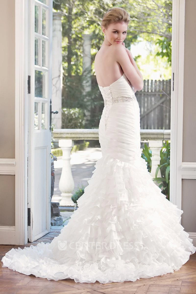 Mermaid Sweetheart Jeweled Organza Wedding Dress With Tiers And Ruching