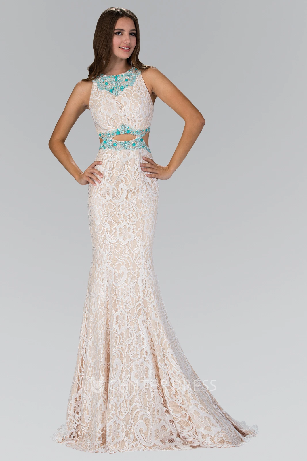 Trumpet Floor-Length Jewel-Neck Sleeveless Lace Zipper Dress With Beading