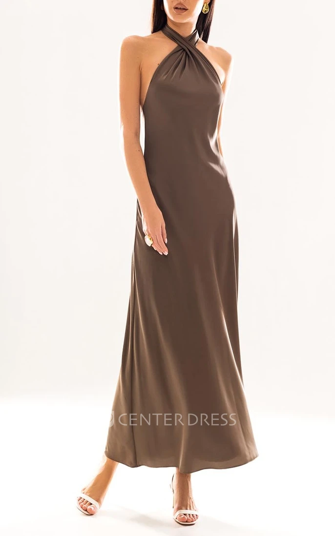 Sexy Ankle-length A Line Halter Satin Sleeveless Prom Dress