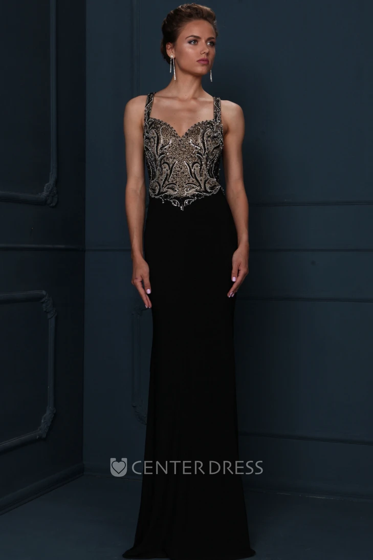 Long Beaded Jersey Evening Dress With Sweep Train And Straps
