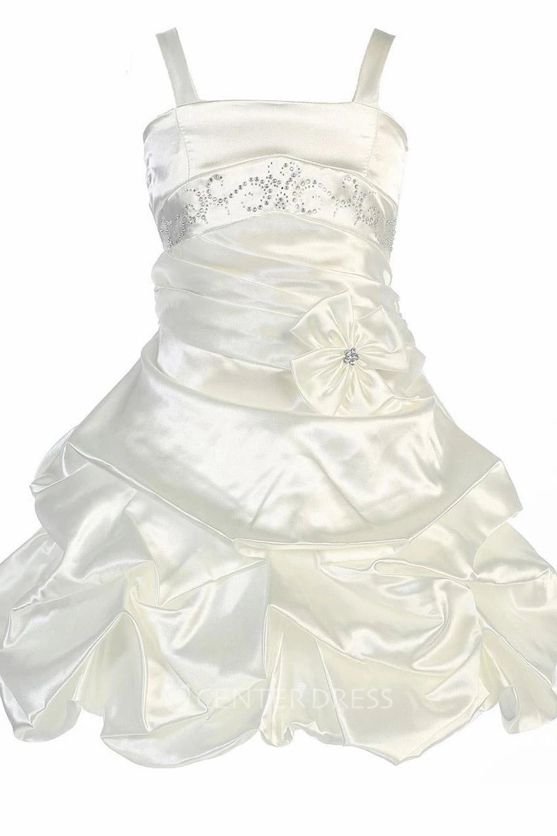Floral Midi Beaded Pleated Satin Flower Girl Dress With Tiers