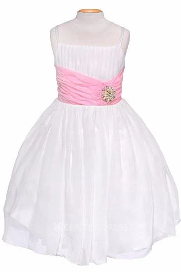 Spaghetti Tea-Length Pleated Chiffon&Sequins Flower Girl Dress With Tiers