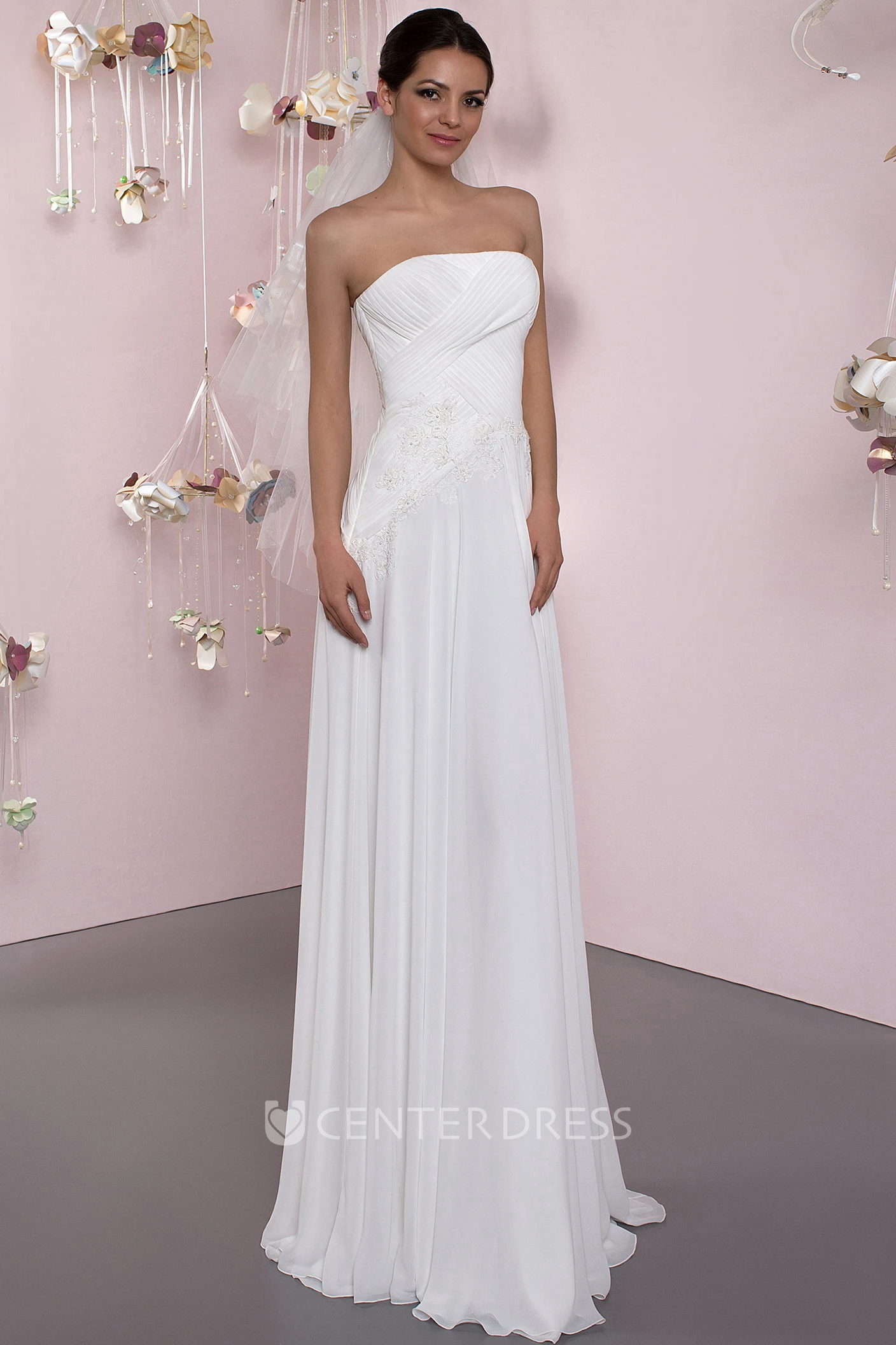 Sheath Ruched Strapless Sleeveless Long Chiffon Wedding Dress With Corset Back And Pleats