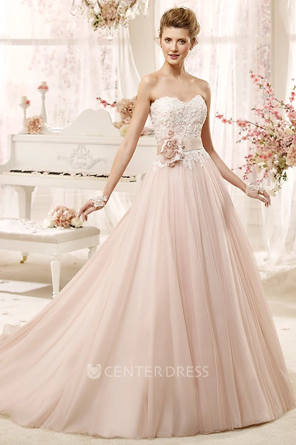 Lovely Strapless A-line Wedding Dress with Flower Sash and Pleated Skirt