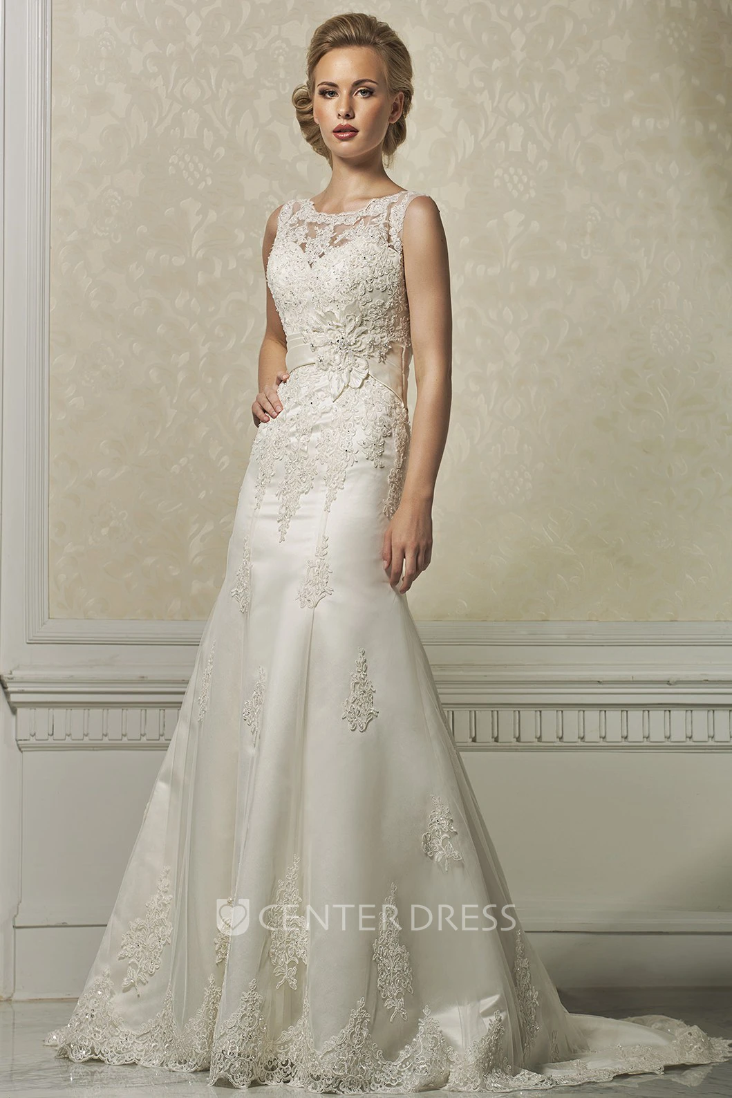 A-Line Appliqued Bateau-Neck Floor-Length Sleeveless Lace Wedding Dress