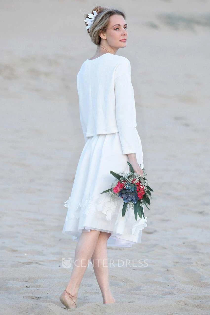 Scoop-Neck Long Sleeve Knee-Length Dress With Appliques