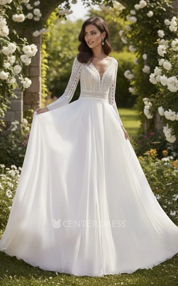 A-Line Lace Boho Long Sleeve Spring Wedding Dress Casual V-Neck Chiffon Bridal Gown For Outdoor Ceremonies