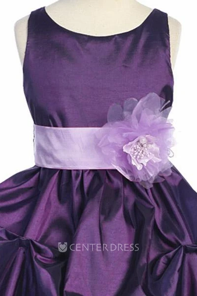 Tea-Length Pick Up Floral Taffeta Flower Girl Dress