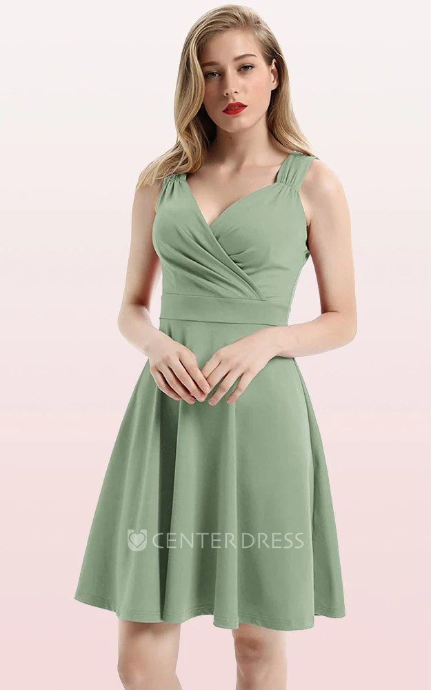 Casual Sleeveless A Line Jersey V-neck Prom Cocktail Dress With Ruffles