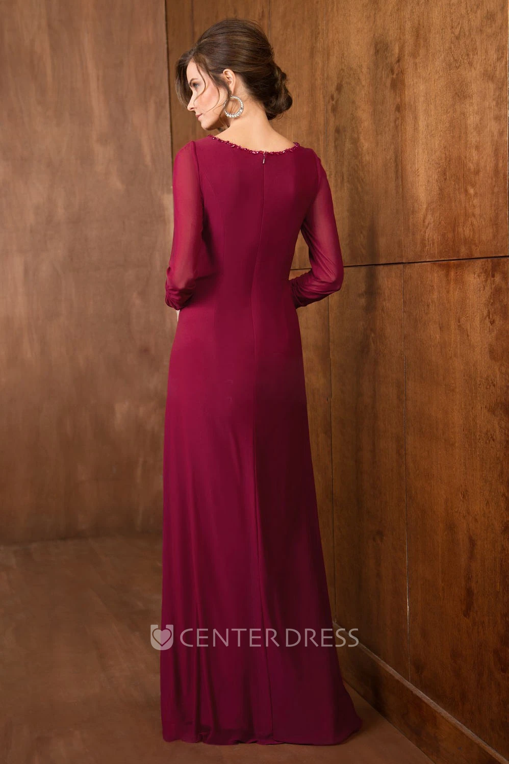 3-4 Sleeved A-Line Long Flowy Gown With Beadings And Pleats