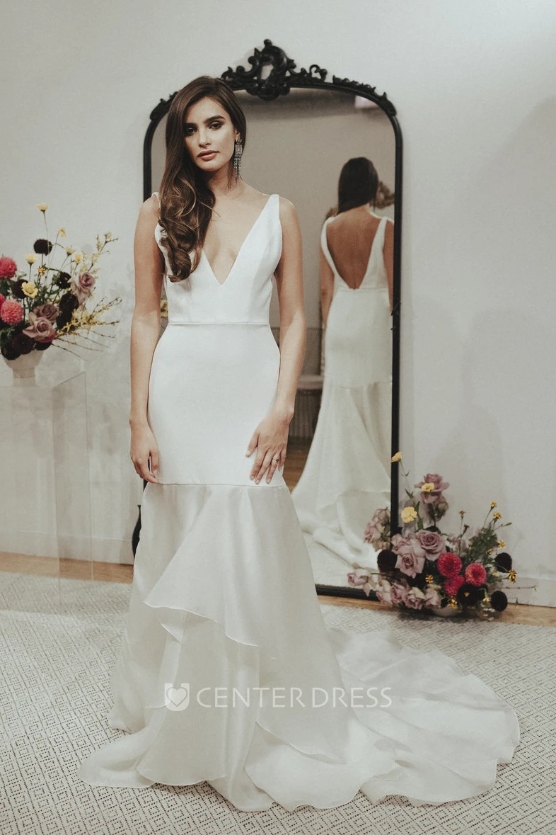 Sexy Deep V-neck Satin Wedding Dress With Tiers And Deep V-back