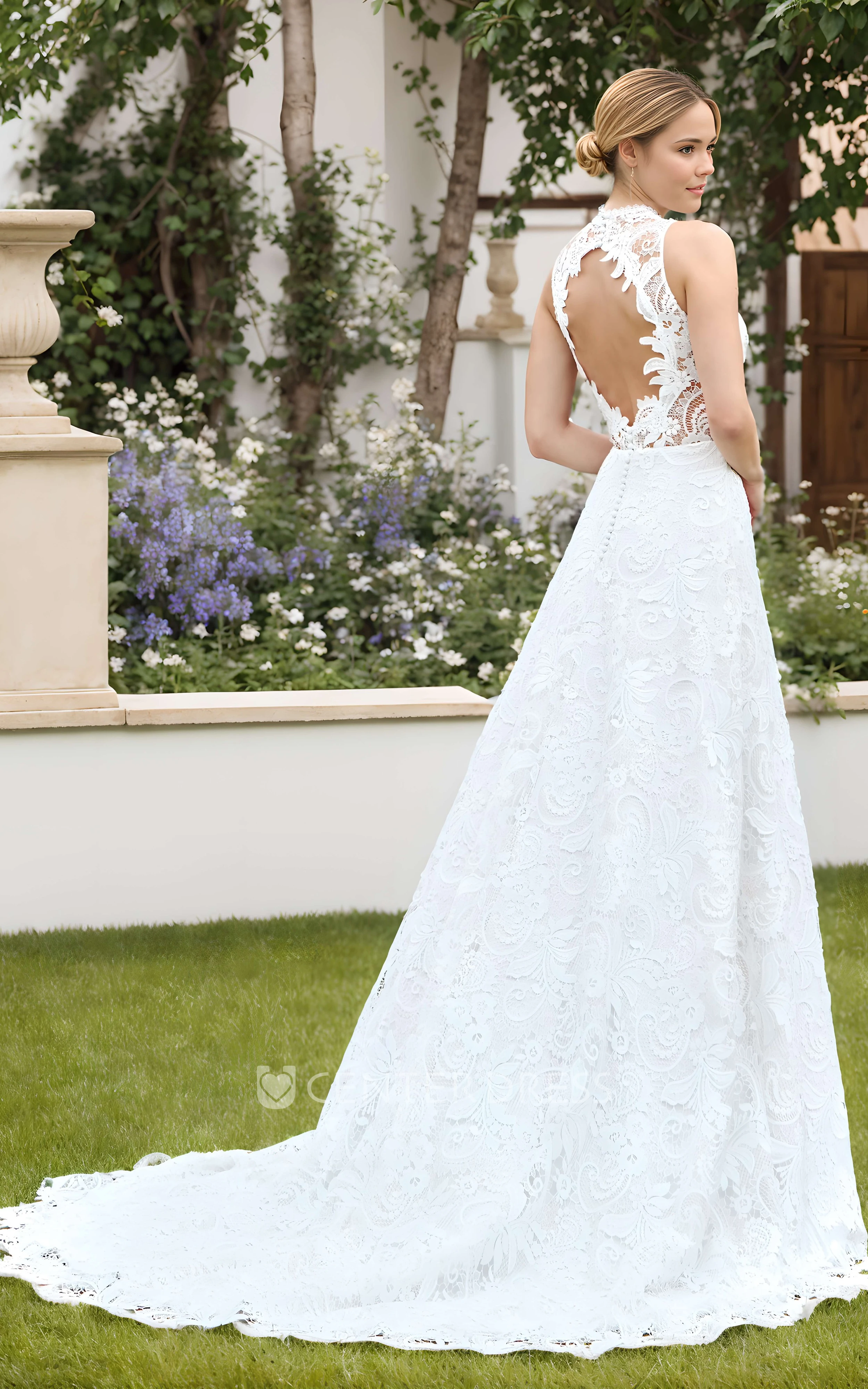 Elopement Rustic A-Line Boho Lace High Neck Spring Wedding Dress Beach Garden Sleeveless Court Train Bridal Gown