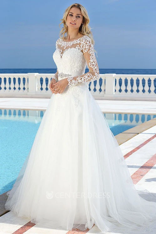 Scoop Floor-Length Long-Sleeve Appliqued Tulle Wedding Dress
