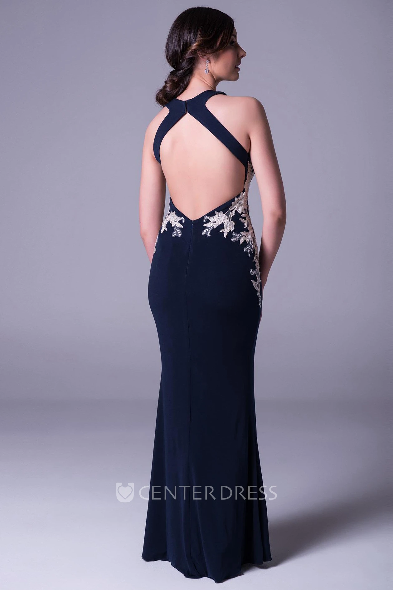 Sheath Maxi Sleeveless Appliqued Jersey Prom Dress