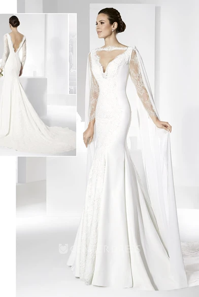 Trumpet Long-Sleeve Maxi Bateau-Neck Lace Wedding Dress With Appliques And V Back