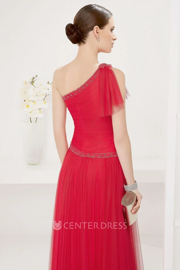 Drop Waist Asymmetric Tulle Long Prom Dress With Crystal Neckline And Waist