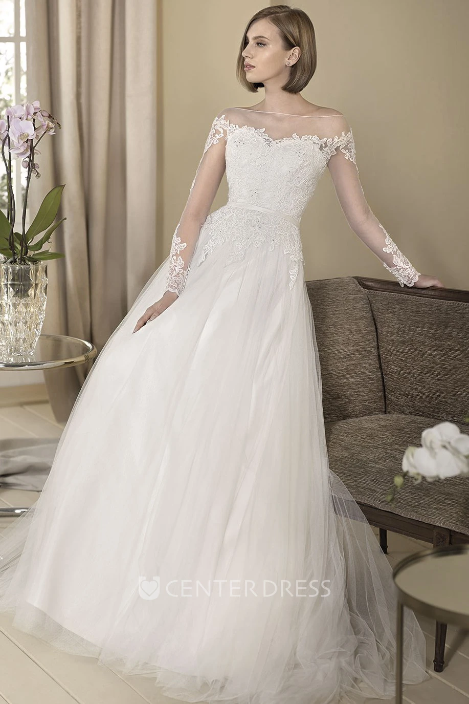 A-Line Appliqued Floor-Length Long-Sleeve Off-The-Shoulder Tulle&Lace Spring Wedding Dress