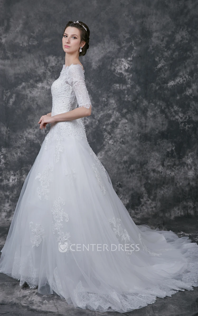 Illusion Half Sleeve A-line Tulle Gown With Lace Appliques and Beading