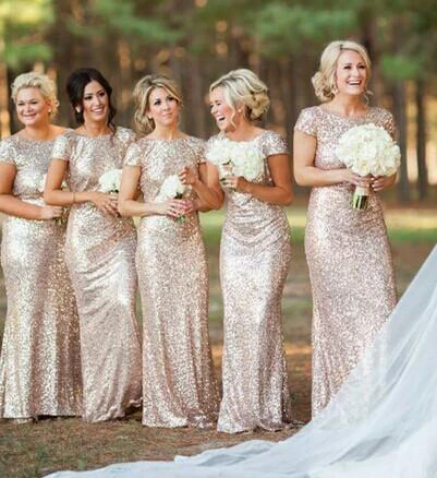 Glamorous Bateau Cap Sleeve Bridesmaid Dress With Sequins