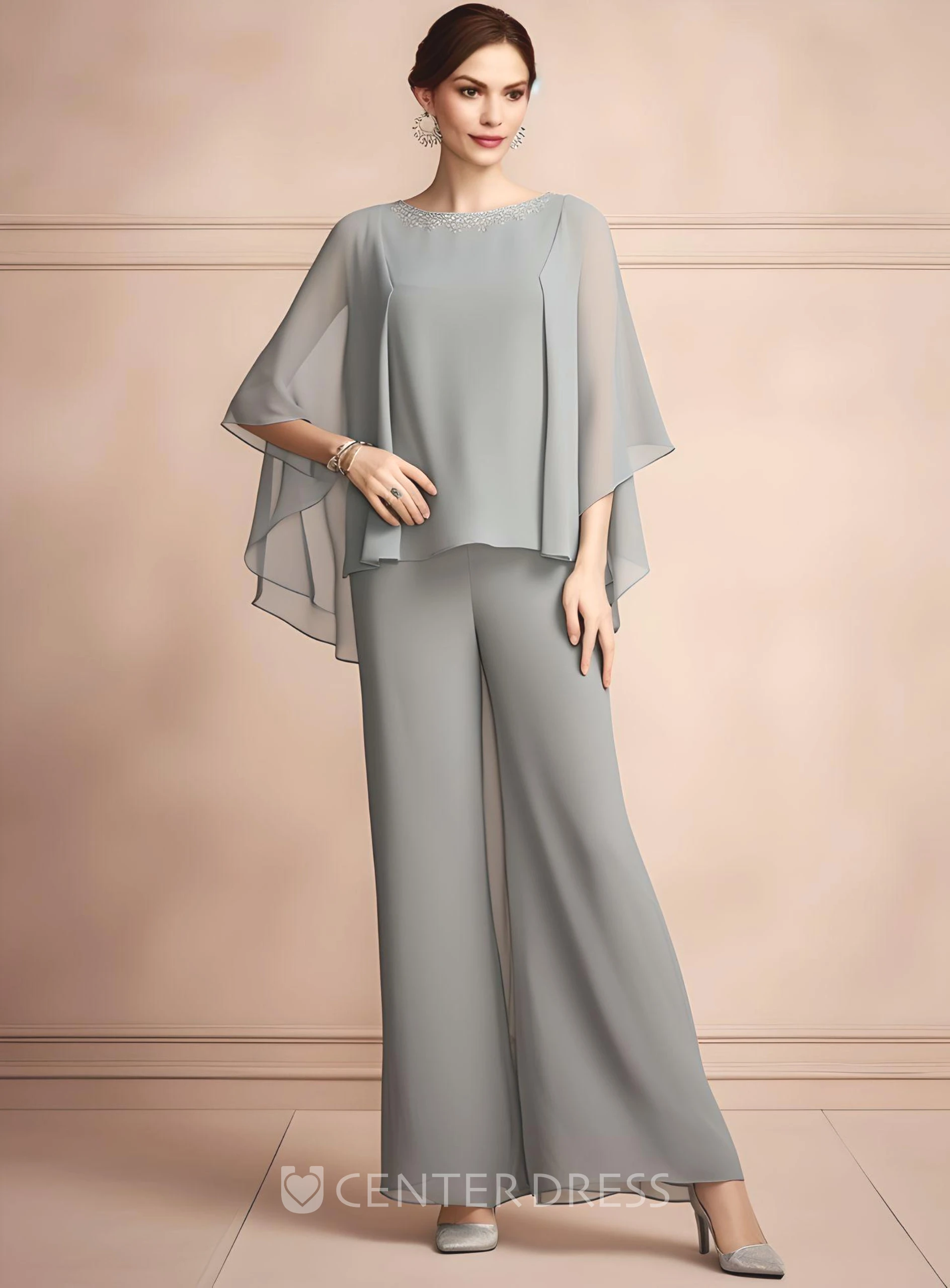 Elegant Chiffon Two Piece Mother of the Bride Dress with Bateau Neck and Half Sleeves Simple and Ethereal