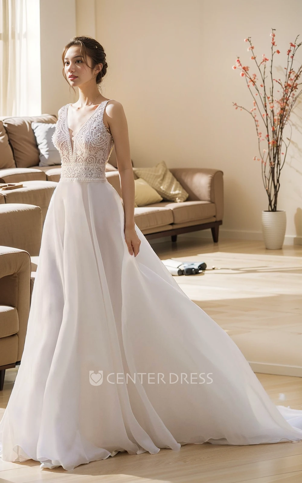Flowing Elegant Bohemian A-Line Lace Organza Garden Beach Wedding Dress Delicate Romantic Sleeveless Backless Bridal Gown with Train
