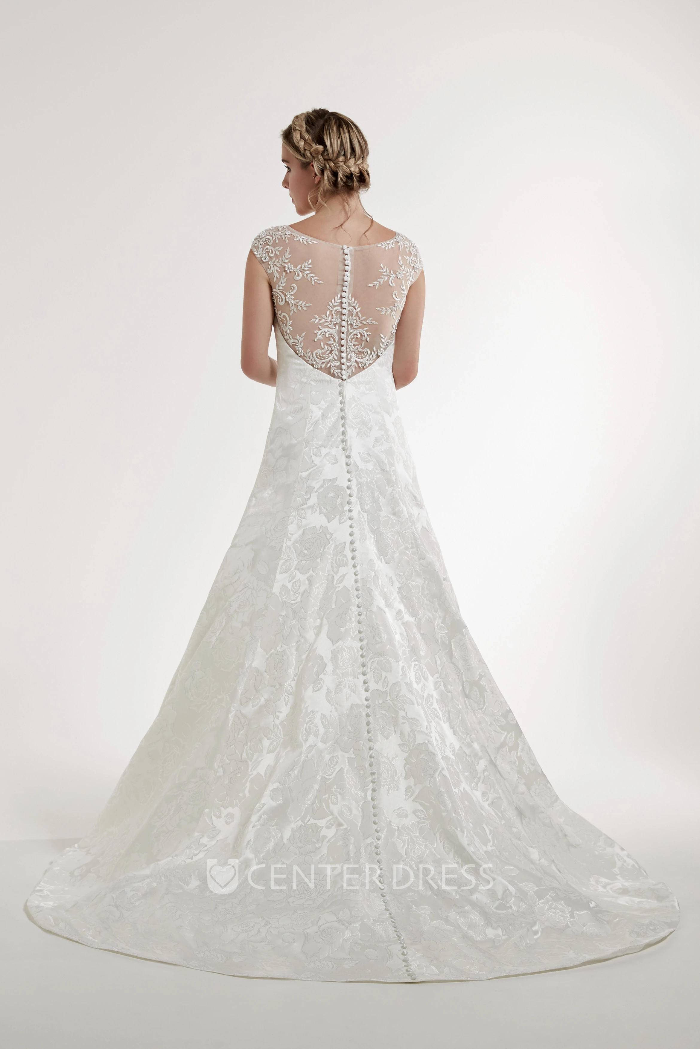 A-Line Embroidered Scoop Floor-Length Cap-Sleeve Satin Wedding Dress With Illusion Back And Appliques