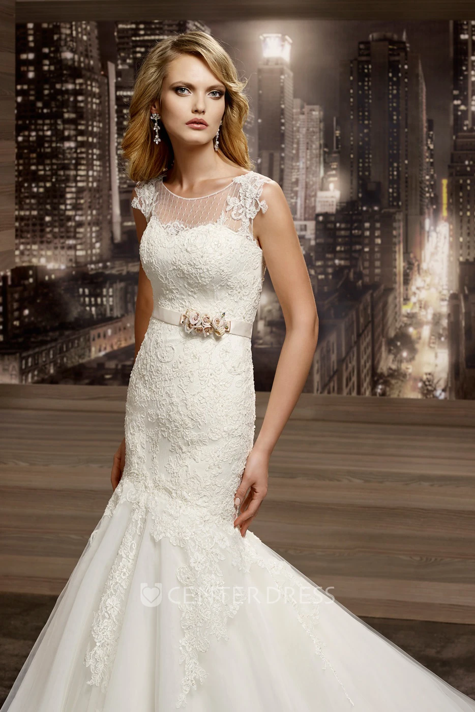 Cap sleeve Mermaid Lace Wedding Dress with Illusive Neckline and Jewel Neck