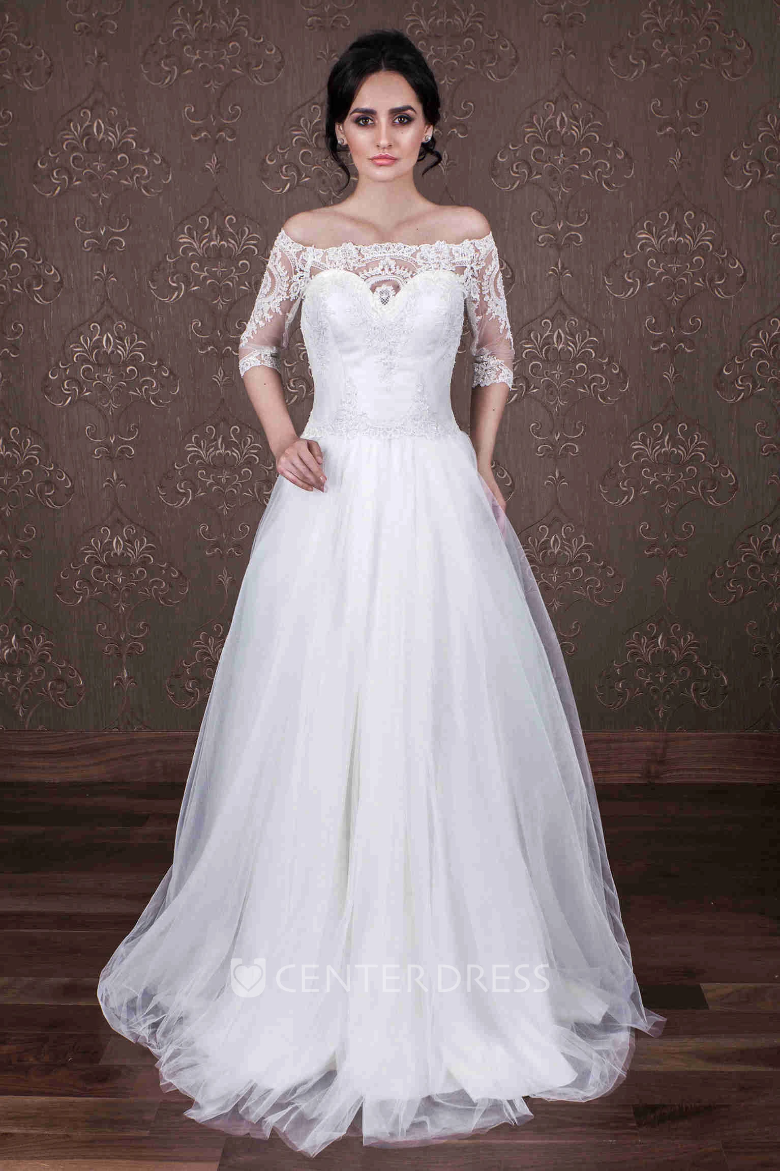 A-Line Long Half-Sleeve Off-The-Shoulder Tulle Wedding Dress With Appliques And Illusion