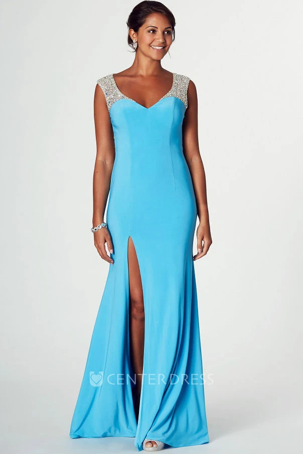 V-Neck Sleeveless Beaded Jersey Prom Dress